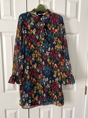 Tory Burch Livia Iris Garden Floral Dot Plisse Crinkle Shift Dress Size 2 EUC